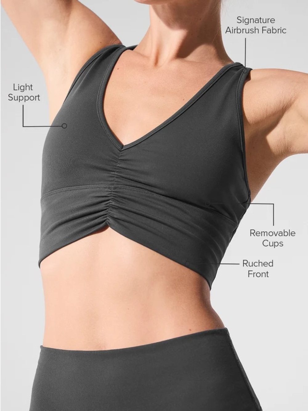 ALO Yoga Charcoal Gray Ruched V-Neck Crop Bralette